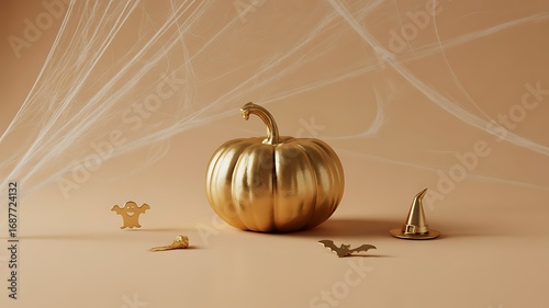 Golden Halloween Pumpkin with Decorations bat ghost witch hat spiderweb cobweb 3d render 3d rendering october autumn
