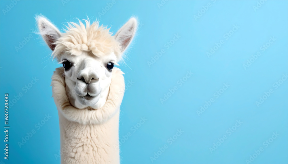 Obraz premium Curious alpaca portrait on light blue—fluffy white coat, upright ears, and expressive gaze in clean minimal style.