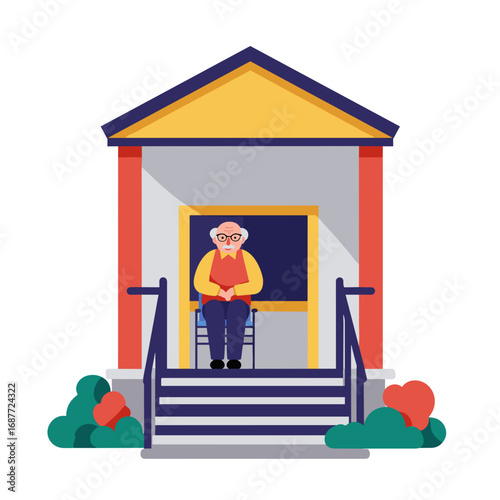 Senior man sitting on porch of house with plants in front  
