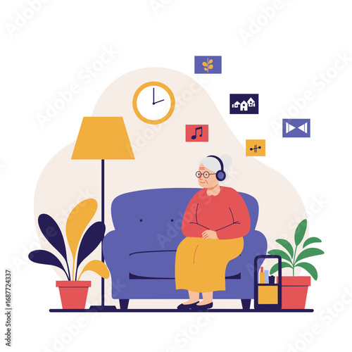 Elderly woman listening to stories while sitting on a couch at home  