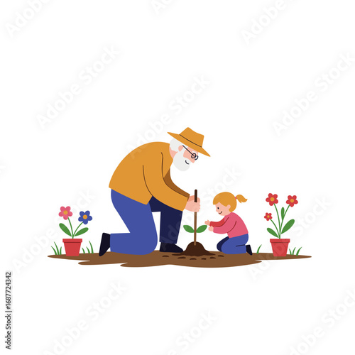 Grandpa planting with grandchild in garden surrounded by flowers  