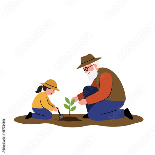 Grandpa planting with grandchild in garden soil and smiling  