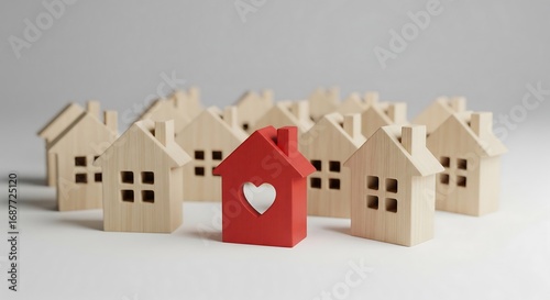 A red house with a heart stands out among neutral-colored wooden houses, symbolizing love, home, and community.