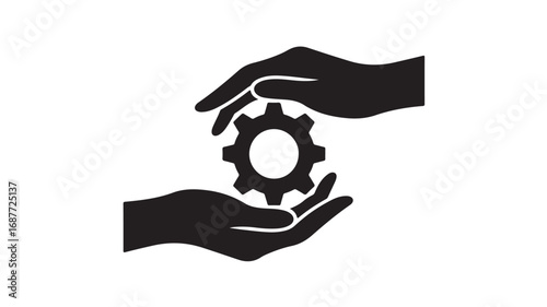 Protecting Gear, Hands Holding Cogwheel, Support, Maintenance, Care, Teamwork, Black and White Icon
