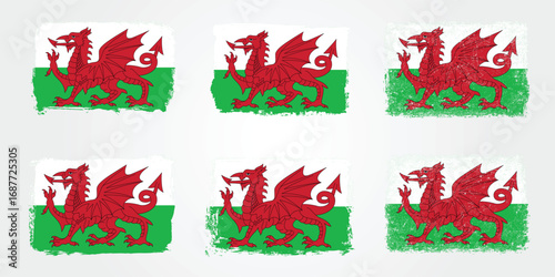 Grunge brush variations of the Wales red dragon flag