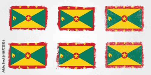 Grunge brush variations of the Grenada national flag with nutmeg