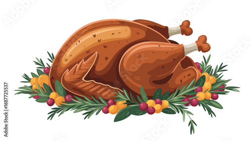 A beautifully roasted turkey, garnished and ready to be served.