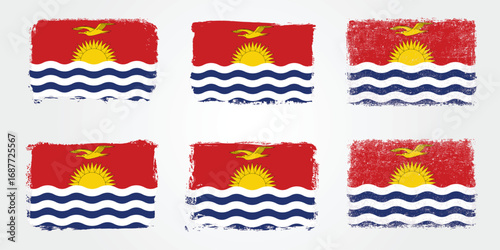 Grunge style Kiribati flags with ocean waves, sun, and frigate bird