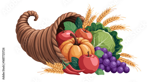 A Cornucopia overflowing with delicious autumnal harvest fruits and vegetables.