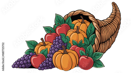 A cornucopia filled with a variety of autumn harvest fruits.