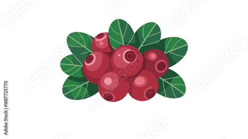 A cluster of fresh cranberries with vibrant green leaves.