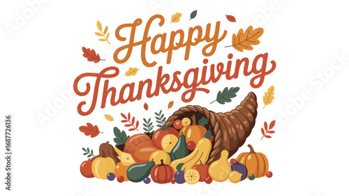Happy Thanksgiving cornucopia with autumn harvest.
