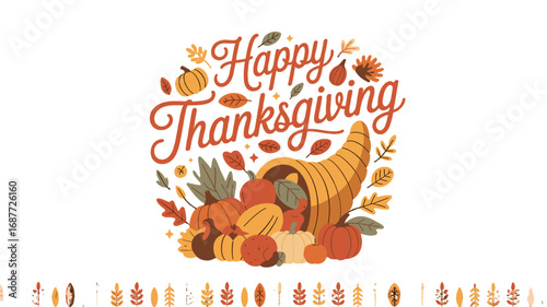 Thanksgiving-themed design with a cornucopia overflowing with harvest fruits and vegetables.