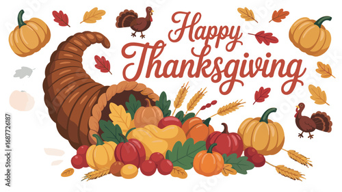 A festive Thanksgiving cornucopia filled with autumnal elements.