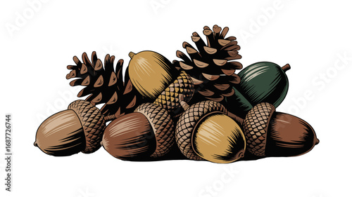 Illustration of a collection of pine cones and acorns.