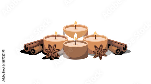A cozy arrangement of four lit candles, cinnamon sticks, and star anise.