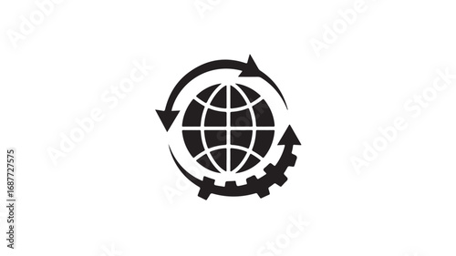 Global Network, Circular Economy, Sustainability Icon, Eco-Friendly Business, World Map, Gear, Arrows, Recycling, Renewal, Regeneration, Sustainable Development, Global Business, I