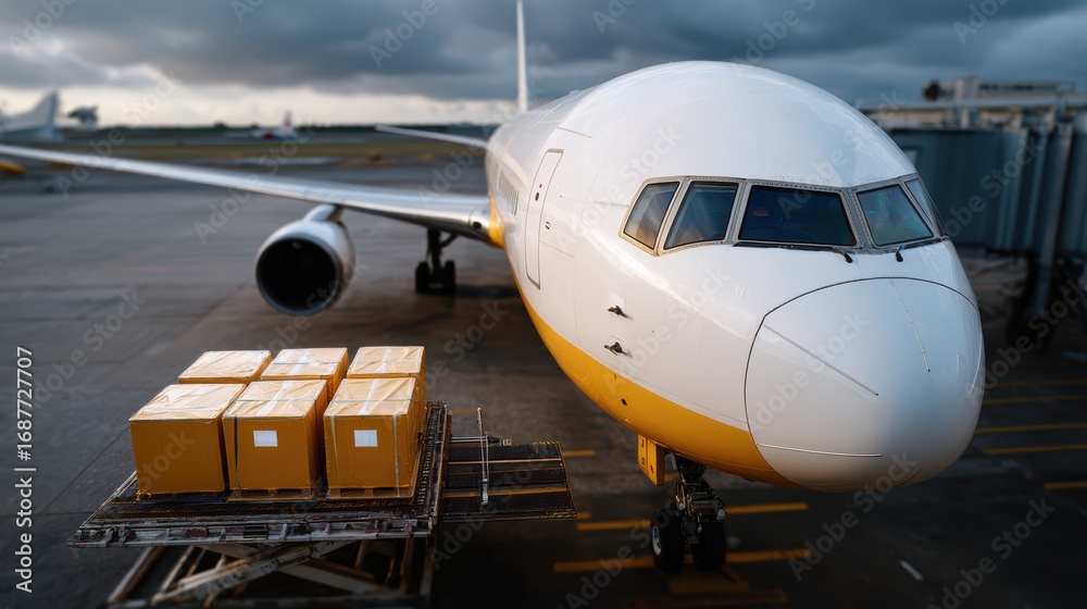 Obraz premium A cargo plane being loaded with freight containers by ground staff at a large airport
