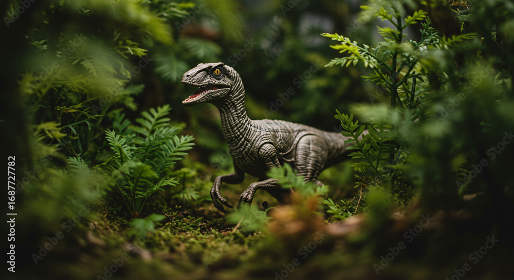 Obraz premium Hidden Raptor Prehistoric Predator in a Lush Forest Environment