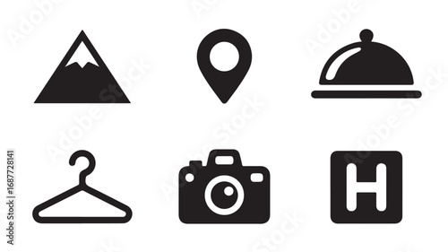 Essential Travel Icons Mountain, Location, Restaurant, Hotel, Camera, Hanger - Simple Black Glyphs