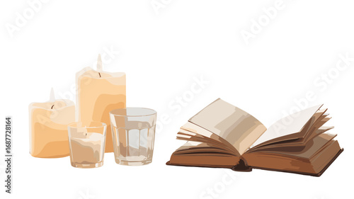 Relaxing ambiance: candles and an open book.