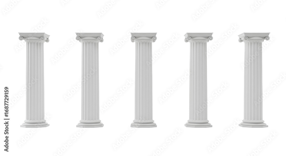 Obraz premium Five identical, majestic white classical architectural columns in a high-key professional studio with soft, diffused lighting and sharp focus, concept of foundational strength