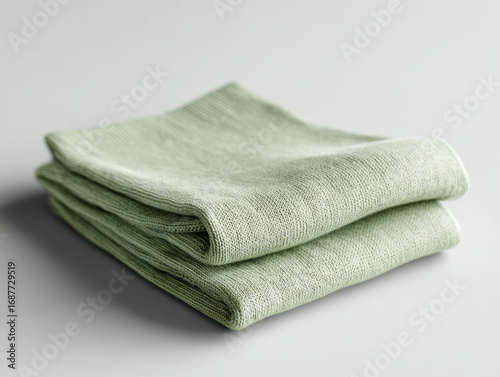 Neatly folded light green fabric stack on a soft gray surface
