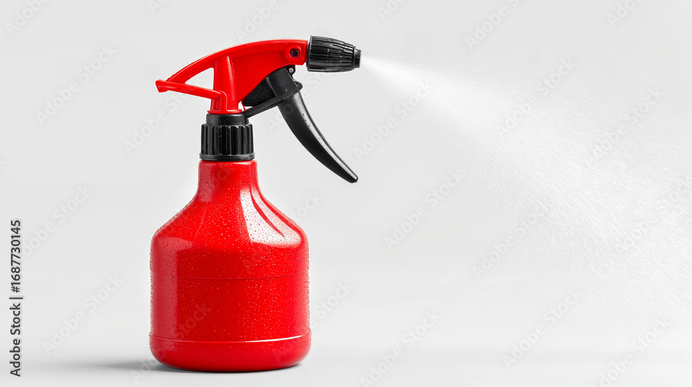 Naklejka premium A bright red water sprayer stands upright on a clean gray background, showcasing a simple, practical design for everyday use.