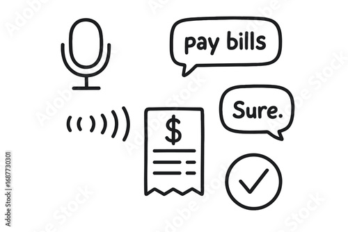 Voice Payment Doodle. Voice assistant payment: hand drawn doodles of voice icon, spoken command, confirmation speech bubble,