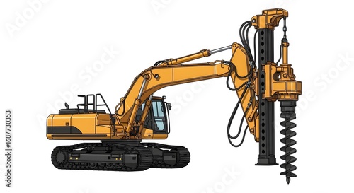Detailed illustration of a yellow tracked heavy construction machine equipped with a large auger drill attachment, used for drilling holes in soil for foundations, piling, and other construction tasks