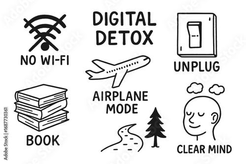 Digital Detox Doodles. Digital detox: hand drawn doodles of no Wi-Fi icon, airplane mode, unplug switch, book stack, forest path,