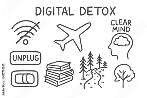 Digital Detox Doodles. Digital detox: hand drawn doodles of no Wi-Fi icon, airplane mode, unplug switch, book stack, forest path,