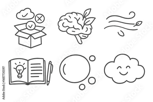 Mind Declutter Doodles. Mental space: hand drawn doodles of mind declutter icon, brain with leaves, calming breeze, idea journal,