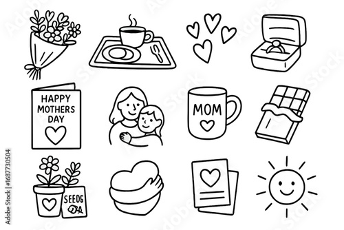 Mother's Day Icons. Mother’s Day doodle icon set: hand drawn icons of flower bouquet, breakfast in bed, heart doodles, handmade