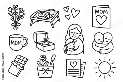 Mother's Day Icons. Mother’s Day doodle icon set: hand drawn icons of flower bouquet, breakfast in bed, heart doodles, handmade
