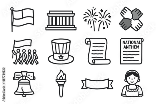 National Holiday Doodle Icons. National holiday celebration doodle icon set: hand drawn icons of waving flag, landmark monument,