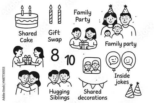 Sibling Birthday Icons. Sibling birthday doodle icon set: hand drawn icons of shared cake, two sets of candles, family party, gift
