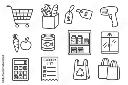 Grocery Shopping Icons. Grocery shopping doodle icon set: hand drawn icons of shopping cart, paper bag with vegetables, price tags