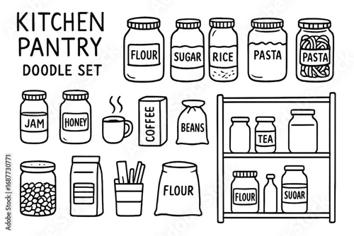 Pantry Doodle Icons. Kitchen pantry doodle set: hand drawn icons for dry goods, labeled jars, and shelf organization, isolated