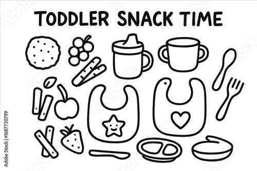 Toddler Snack Doodle Set. Toddler snack time doodle set: hand drawn icons for finger foods, cups, bibs, and mealtime tools,