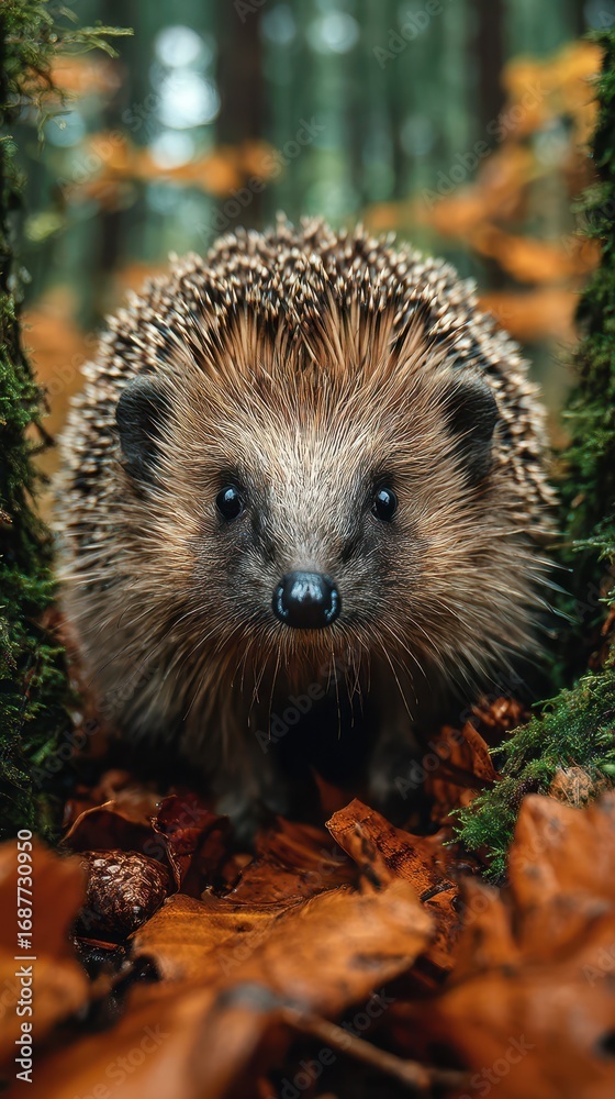 Fototapeta premium Hedgehog exploring the forest floor among fallen autumn leaves during a sunny day
