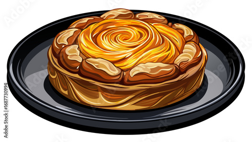 A caramelized golden kouign-amann pastry glistens with buttery layers. Presented elegantly on a dark dish, isolated against white background, it symbolizes Brittany’s unique pastry tradition, sweetnes