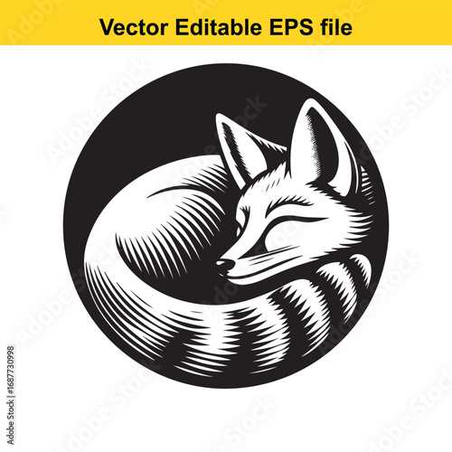  stylized black and white illustration of a sleeping fox curled up in a circle