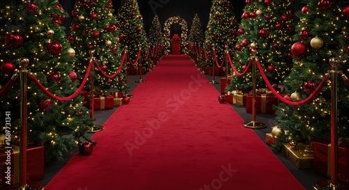 A red carpet pathway lined with decorated Christmas trees and gifts, leading to a festive archway.