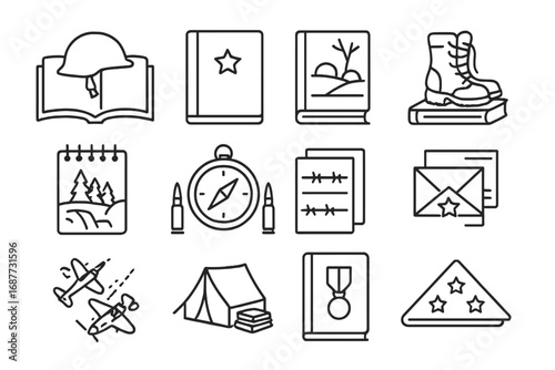 War Novel Icons. Line style icons of war novels: helmet on pages, military journal, battlefield scene on cover, worn-out boots