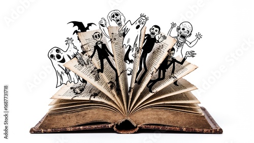 An open book revealing ghostly figures and bats