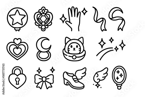 Magical Girl Icons. Line style icons of magical girl manga: star wand, gem brooch, sparkle pose, floating ribbons; magic heart,