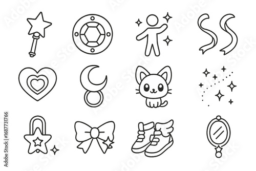 Magical Girl Icons. Line style icons of magical girl manga: star wand, gem brooch, sparkle pose, floating ribbons; magic heart,