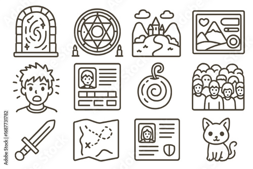 Isekai Icons Overview. Line style icons of isekai anime: portal gate, summon circle, new world landscape, fantasy HUD; shocked