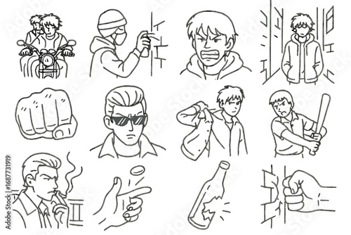 Anime Gang Icons. Line style icons of gang anime: bike gang ride, spray graffiti, clenched teeth, alley stare; busted knuckles,